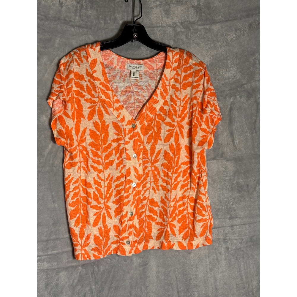 Rachel Zoe Womens Orange‎ Leaf Print 100% Linen Button Front Cardigan Top Size L